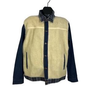Sun + Stone Plaid Sherpa Denim Jacket Blue Ivory